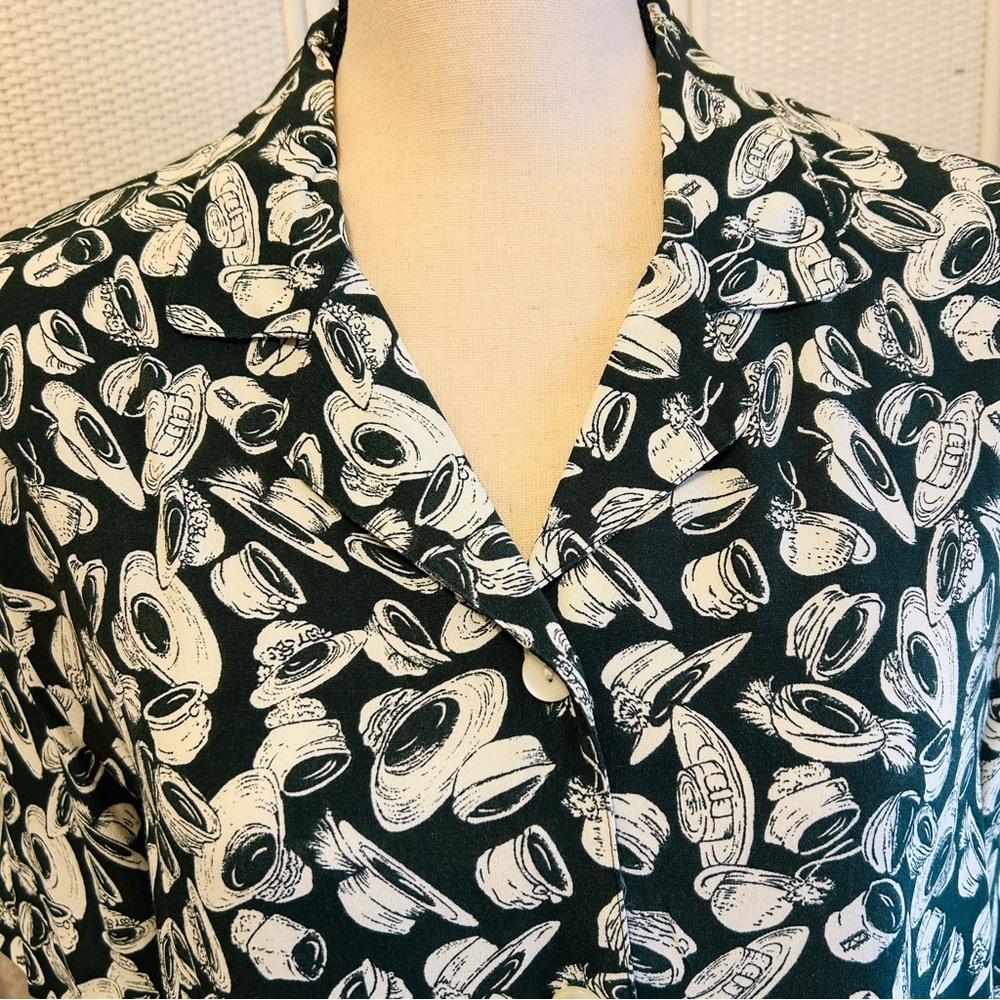 Vintage 90s Liz Claiborne Hat-Print Blouse – Green & Ivory – Button Front – Size - Picture 7 of 15